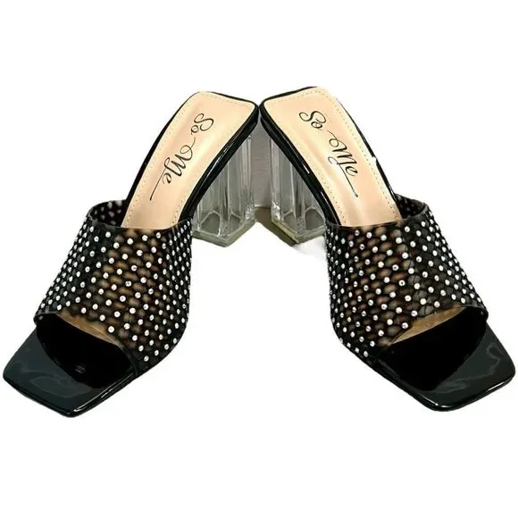 So me rhinestone black netted mule heels with clear chunky block heel sz 7 NWT - Picture 1 of 9